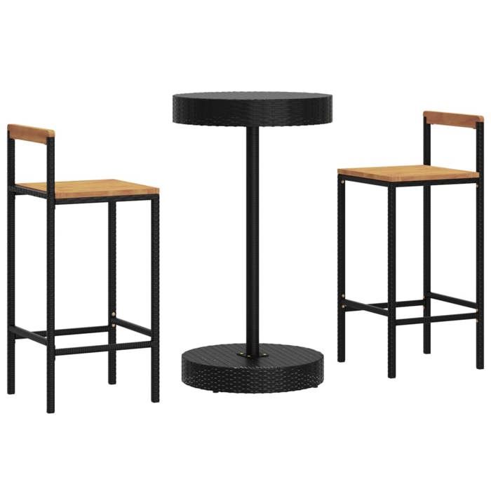 VidaXL Ensemble de bar jardin 3 pcs noir poly rotin/bois massif acacia, ensemble de table de bar, table et chaise de bar de 3187718