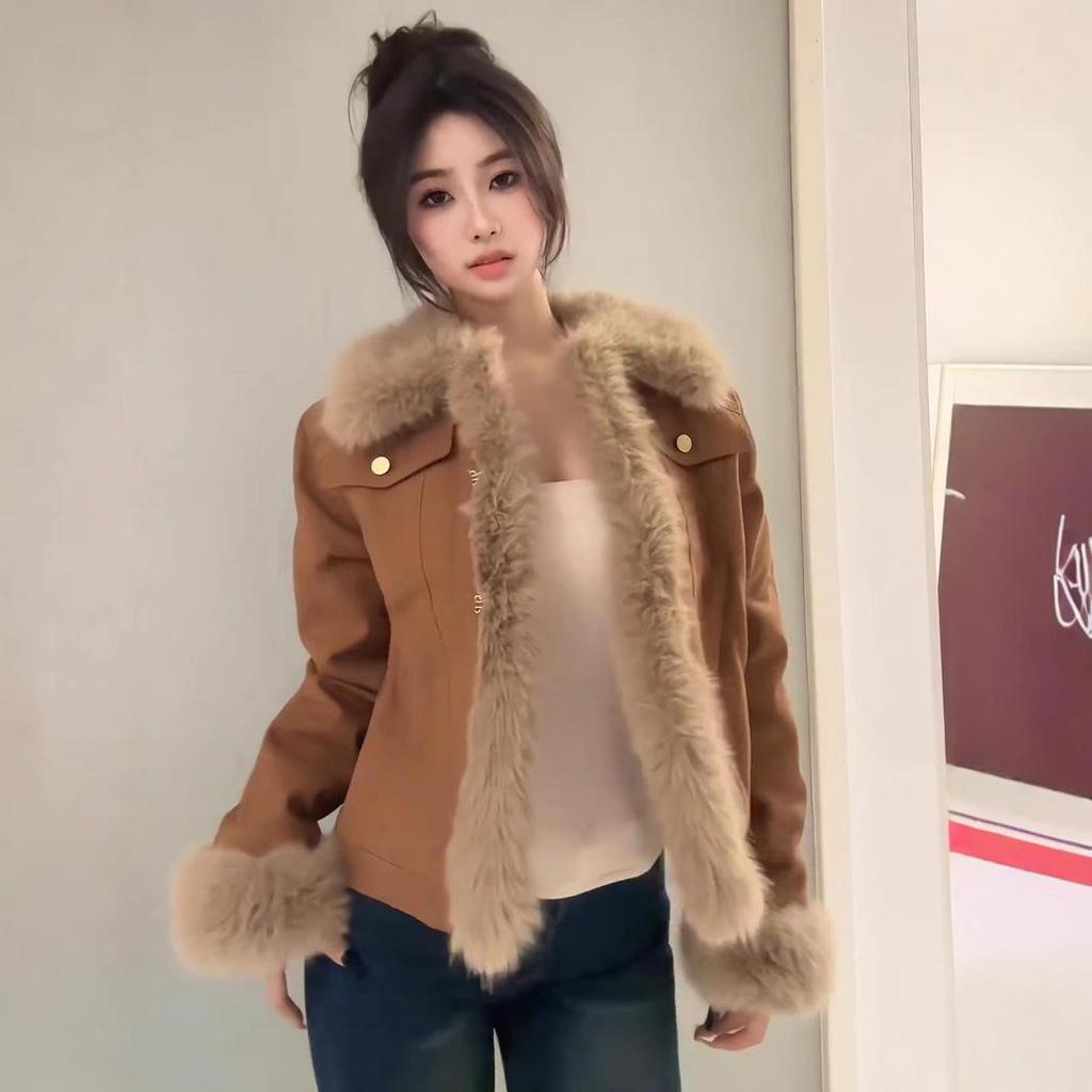 Women's Fashionable One-Piece Leather & Fur Lambswool Coat - Thickened 2024 Autumn/Winter High-End Plush Jacket
