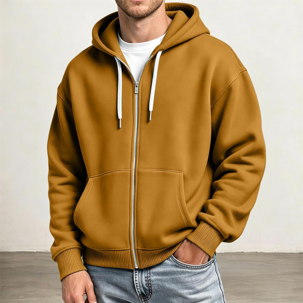 Men's Full Zip Hoodie Drop Shoulder Sleeves, Casual Long Sleeve Sweatshirt for Everyday Wear