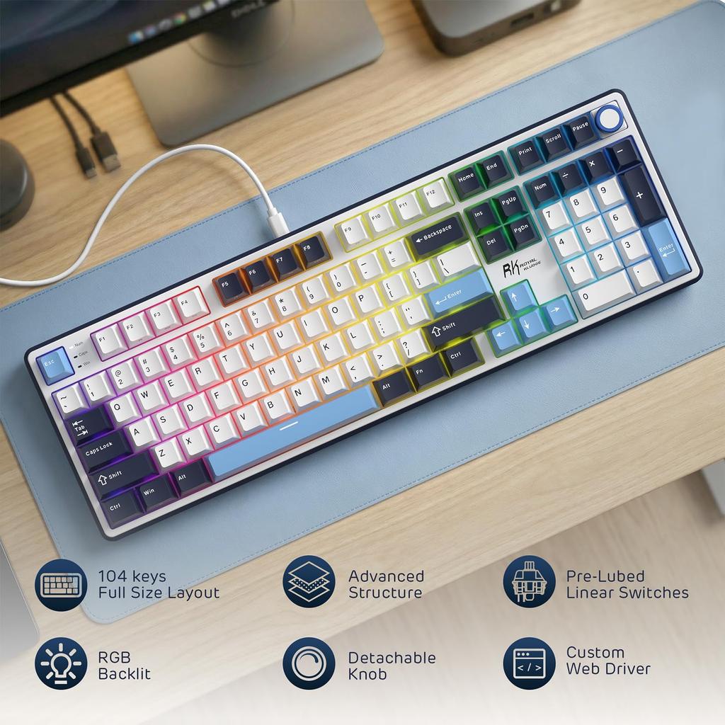 RK ROYAL KLUDGE X104 Mechanical Wired Creamy Gaming Keyboard Numpad and 104 Linear RGB Online Software for US QWERTY Full-Size Keyboard, (with Knobs),