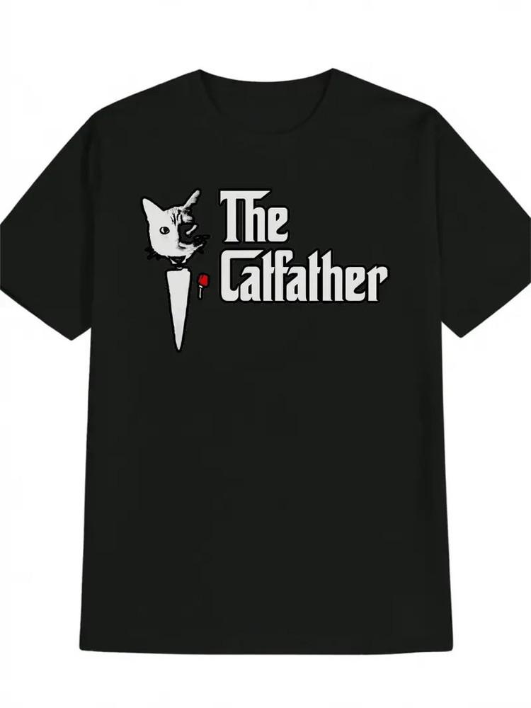 

Men s The Cat Father Graphic Tee - Casual Black Short Sleeve T-Shirt with Whit XL
