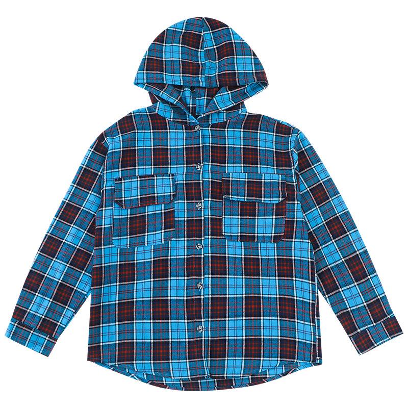 Spring & Autumn 2024 Boys' Classic Plaid Hooded Long-Sleeve Shirt