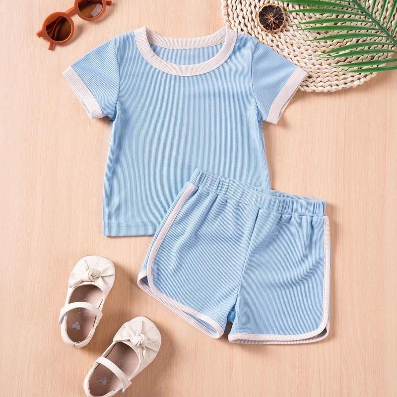 Boys Girls Ribbed Summer Outfit Set Toddler Short Sleeve T Shirt Shorts Children 2Pcs Clothes Sets Korean