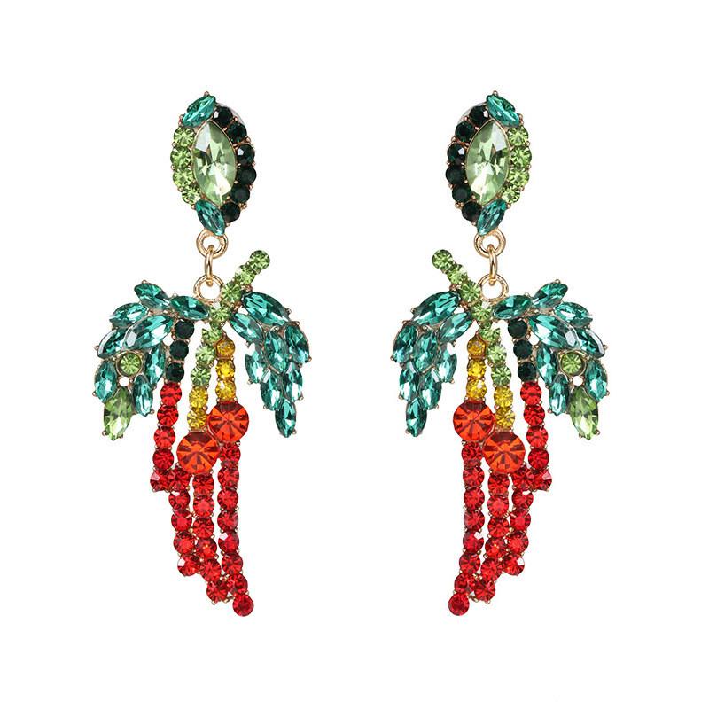 Pinkdudu Chili Pepper & Leaf Earrings Bold Red & Green Rhinestone Studs Fashionable PD1017