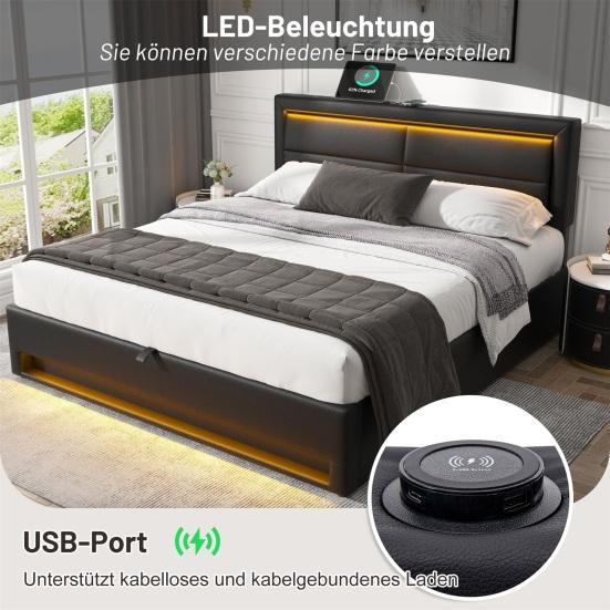 Upholstered Bed 140 X 190cm, with USB Port (Supports Wireless And Wired Charging), with LED Lighting And Storage Space, Without Mattress, Faux Leather