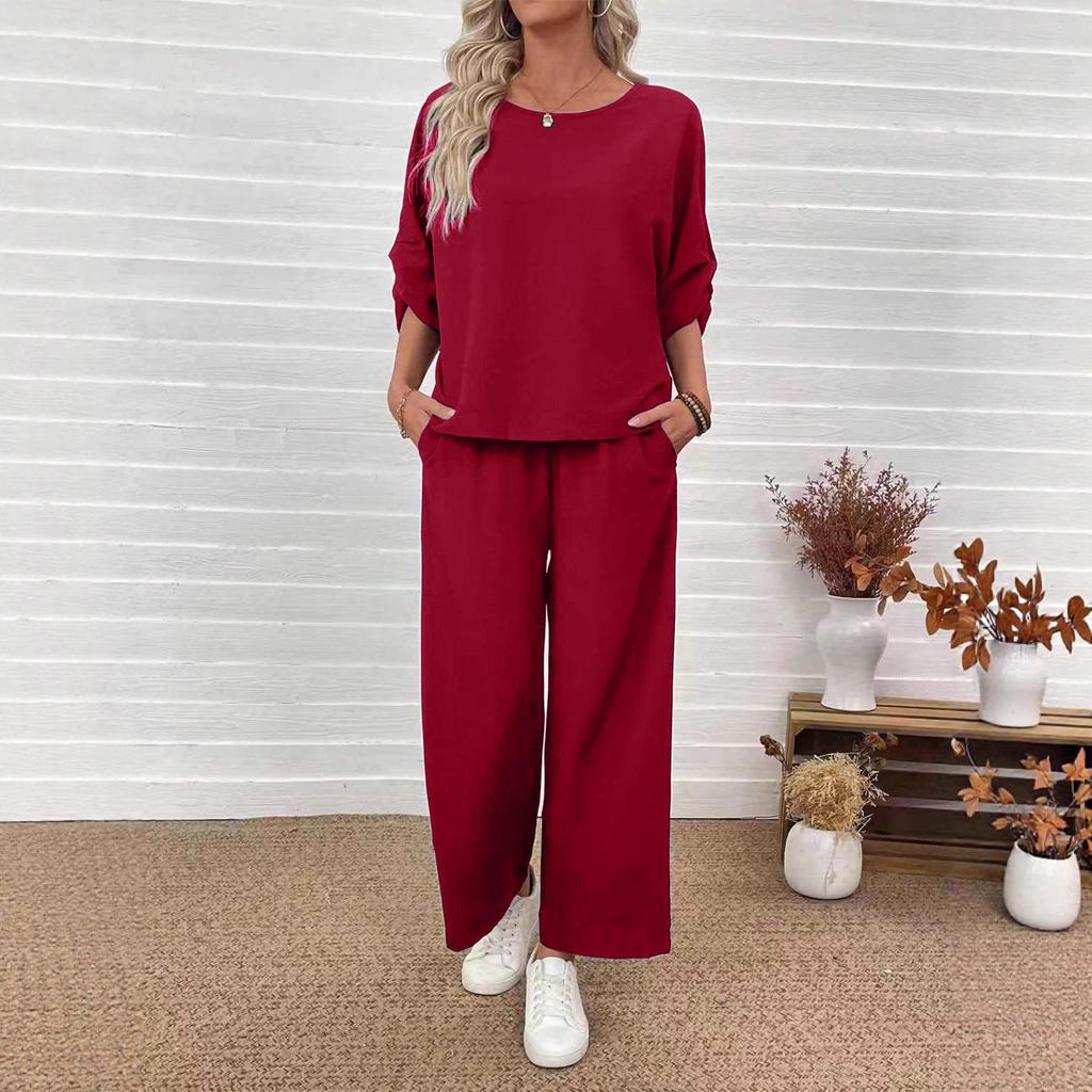 European & American Fashion 2025 Casual Set: Crew Neck Top + Vertical Wide-Leg Pants