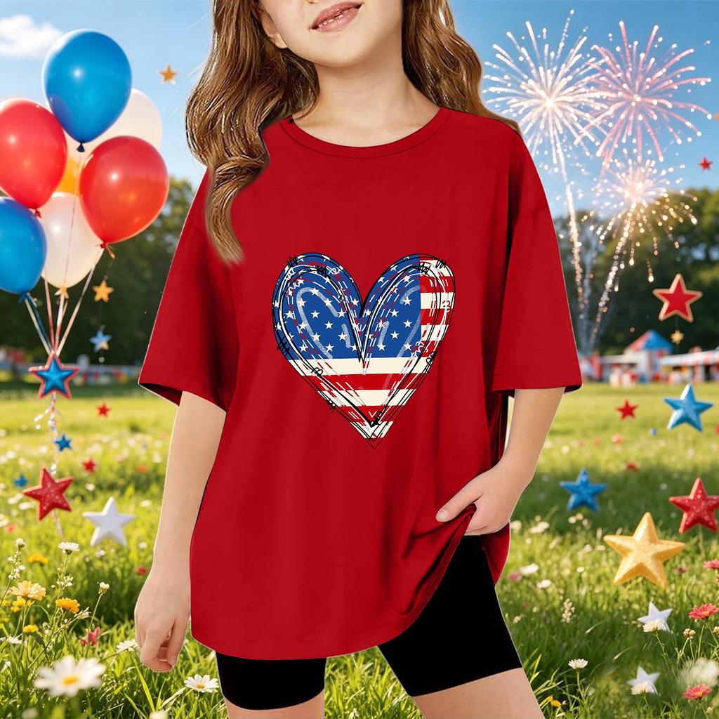 Kids Short Sleeve T Shirt Independence Day Print Top Casual Loose Fit Lightweight Summer Tee for Boys Girls