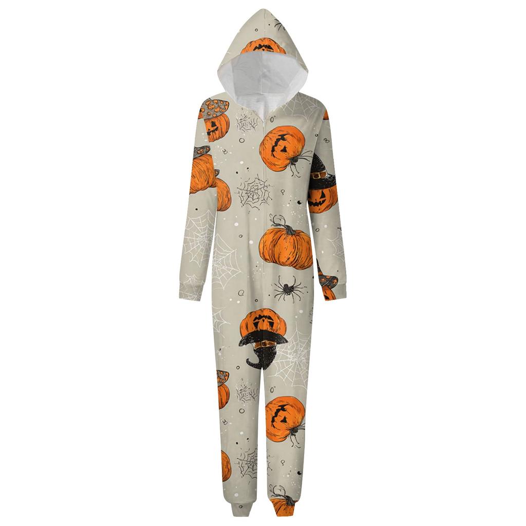 Halloween Print Family Matching Hooded Long Sleeved Zippered Jumpsuit Set