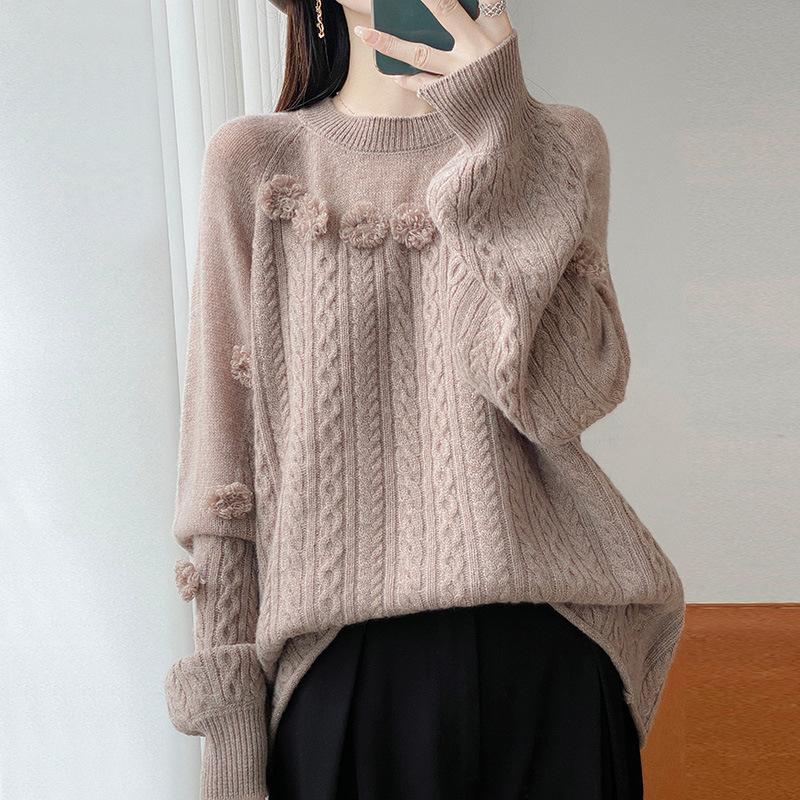 New Soft Waxy Wool Sweater Lazy Wind Knitted Crew Neck Sweater Thin Top Three-Dimensional Jacquard Hollow Wool Sweater Women