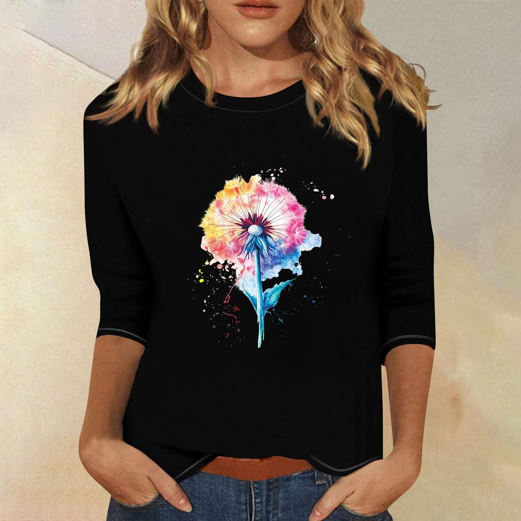 3/4-Ärmel Oberteile für Damen T-Shirt Lässig Print Oberteile T-Shirt Rundhals Pullover Bluse