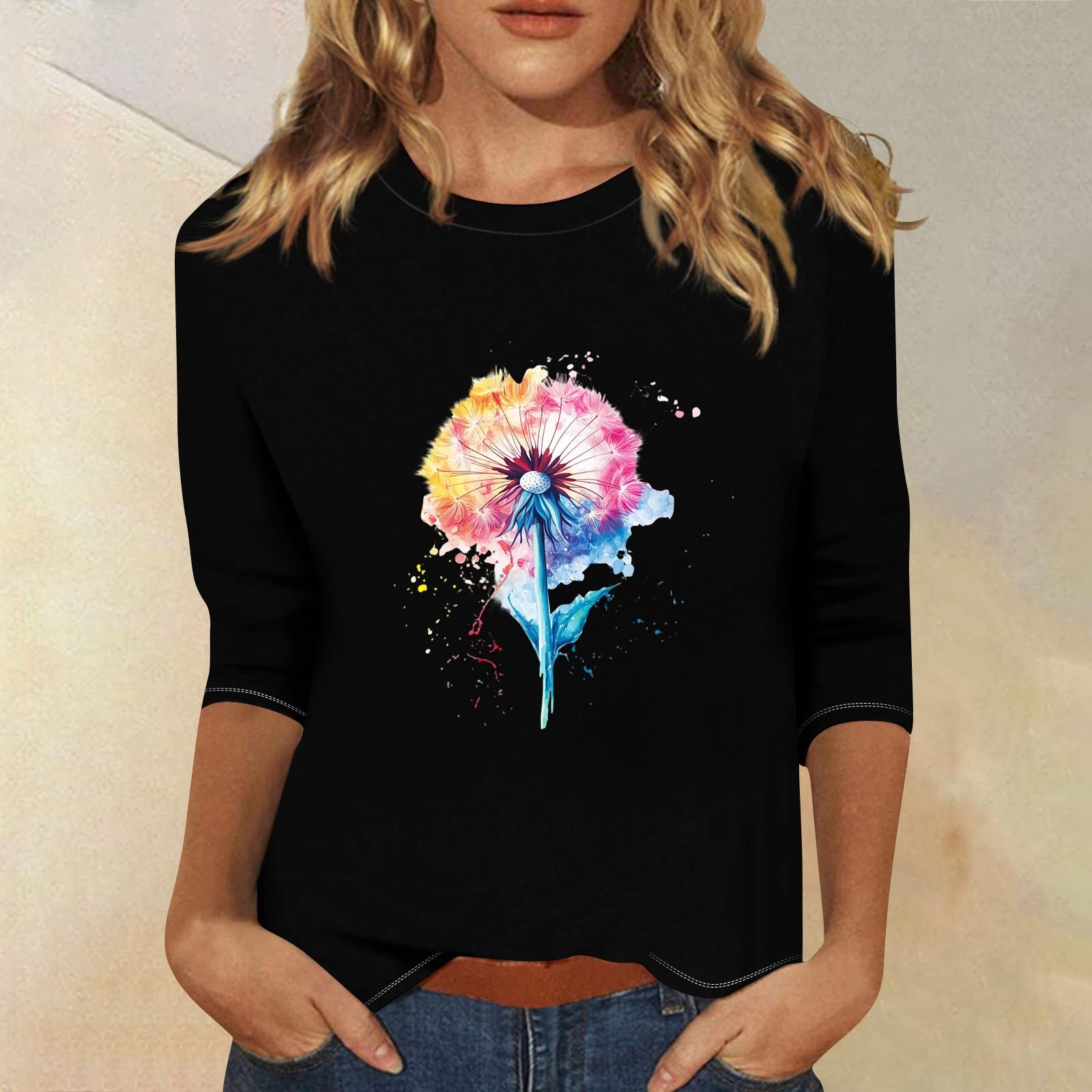 

3/4 рукава топы для женщин футболка повседневные принты топы футболка круглый вырез пуловер блузка S чёрный