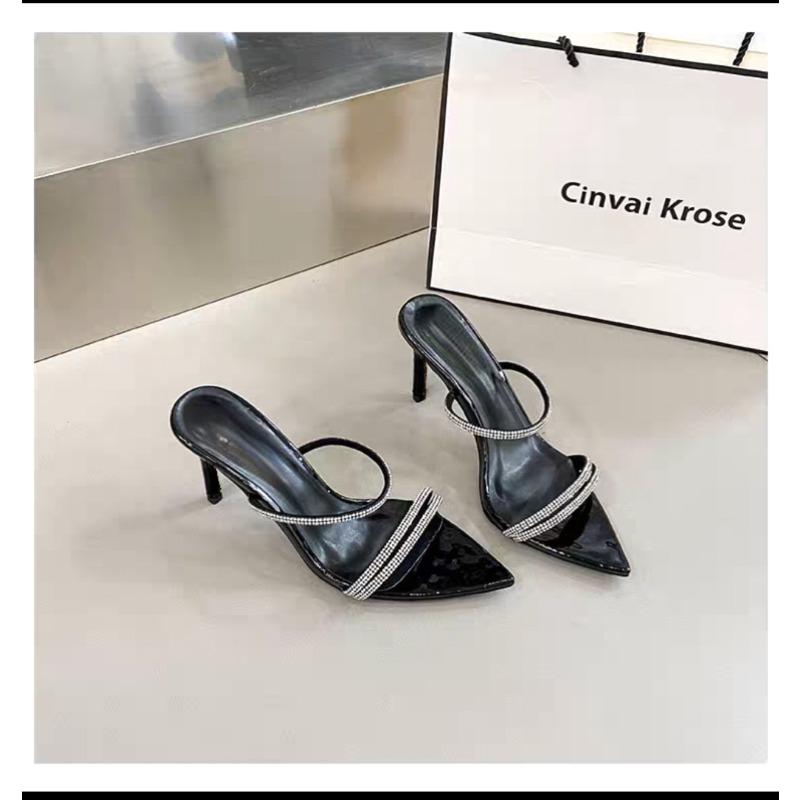 

Crystal Hollow Simple Heels Woman Open Sandals Pointed Rose Red Strap Slingback Summer Vacation Casual Slipper Blue Jeweled Shoe 40