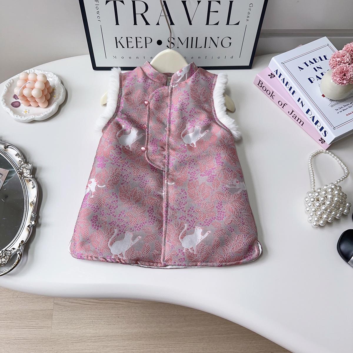 Девичье зимнее платье без рукавов ципао - Теплый хлопковый стеганый китайский костюм в стиле Тан (Модель AWA751) Size 100