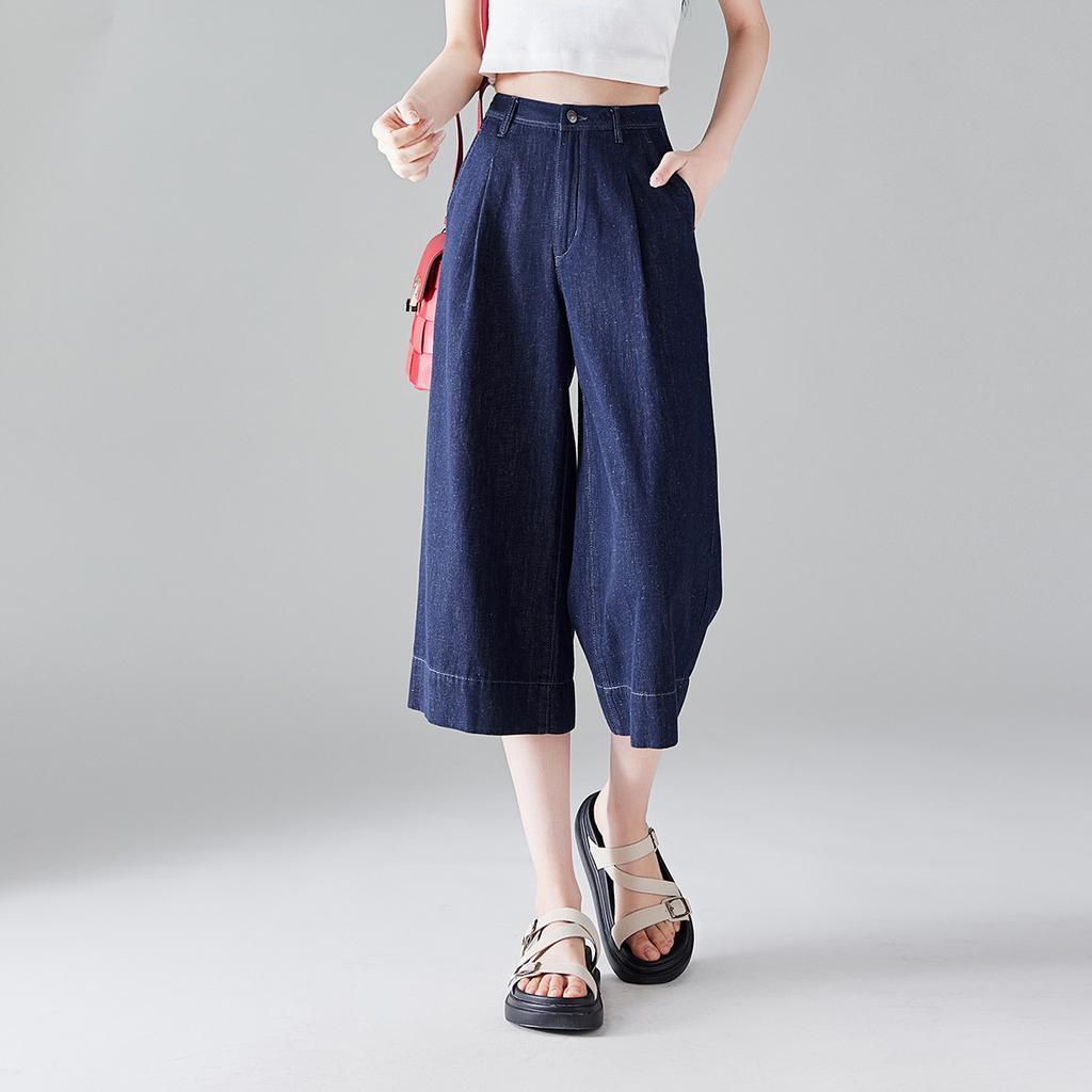 High waisted slim denim cropped pants for women in summer 2025, slim and fashionable, loose and versatile, slim and wide leg pants