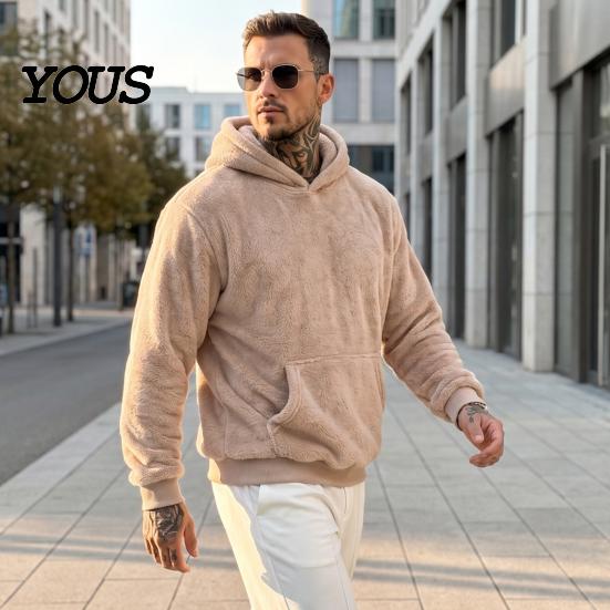 Bequeme Hauskleidung Herren Plüsch Hoodie, Teddy Fleece Pullover Sweatshirt mit Kängurutasche, Lockerer Weicher Samt Kapuzenpullover Passform Flauschig Warm Winter