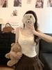 Cream White Ruffle Lace Neck Cartoon Print Slim Halter Camisole Women Summer Casual Sling Top