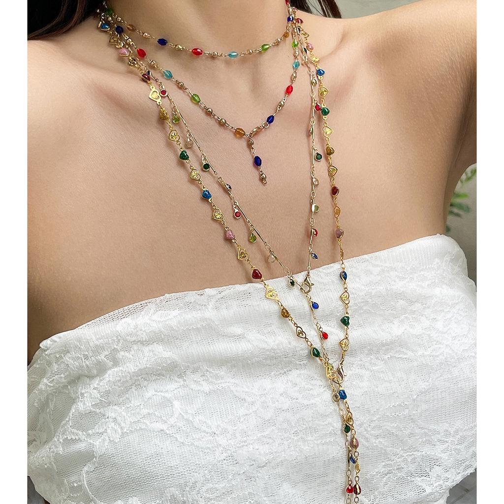 Fashion Colored Oil Drop Pendant Stacked With Long Necklace, Cold Wind Metal Chain Rhinestone Necklace