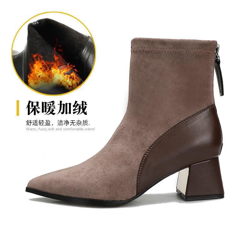 High-heeled short boots thick heel pointed head 2025 new boots fashion color matching medium tube thin boots women's spring and autumn single boots