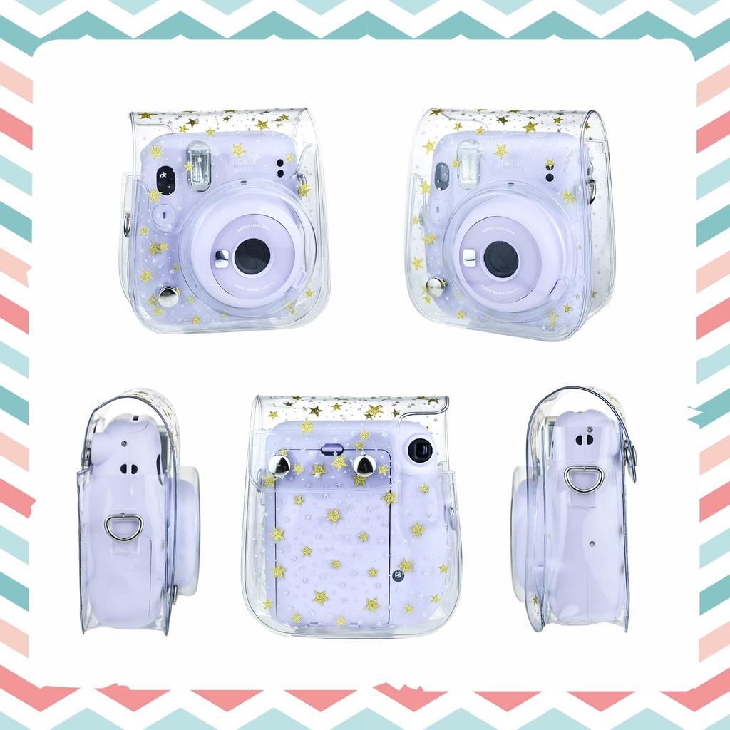 HIYQIN Instax Mini Case, Transparent Cover, Cute Camera Bag with Shoulder Strap, Made of PVC, Perfect Star Design