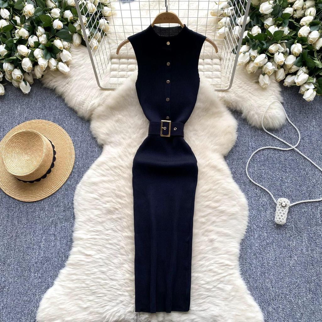 RUGOD European and American Dress Women's New Breasted Lace-up Waist and Hips Elastic Knitted Sleeveless Sexy Hip Dress