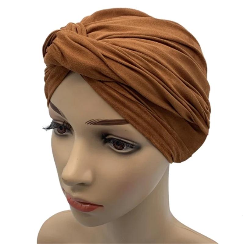 Fashion Women Cross Twist Suede Turban Caps Soild Color Female Headscarf Bonnet Muslim Hijab Cap Islamic Under Scarf India Hat