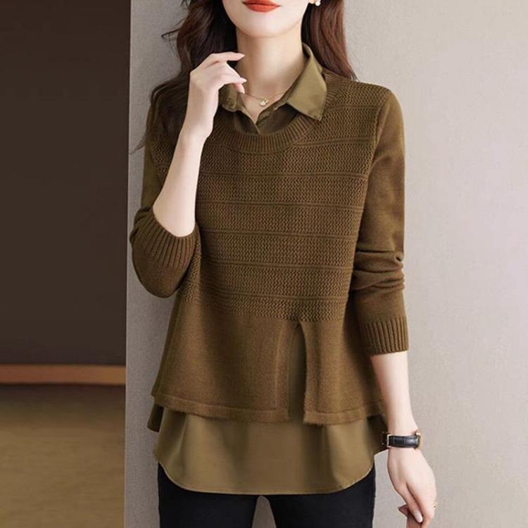 Oversize Cotton Shirt for Women Loose Blouse Long Sleeve Pullover Top Turn Down Collar Casual Fake Two Pieces