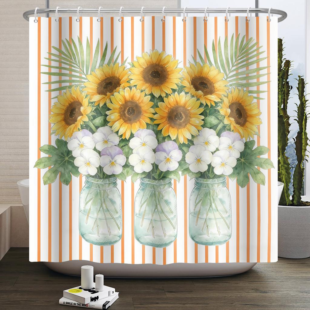 Country Sunflower Theme Waterproof Shower Curtain Wood Texture Barn Door Design Rustic Farmhouse Vintage Style Bathroom Decor