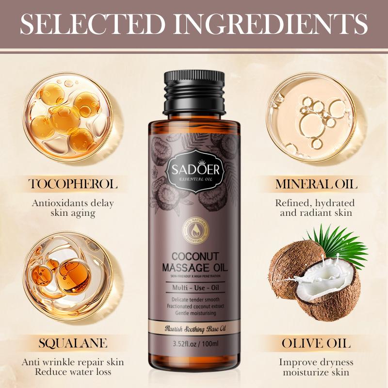 Ulei de Masaj cu Nucă de Cocos SADOER 100ml, Ulei de Bază Hidratant Hipoalergenic, Unisex-Adult, Parfum de Nucă de Cocos, pentru Calmarea Pielii Uscate și Netezirea Ridurilor