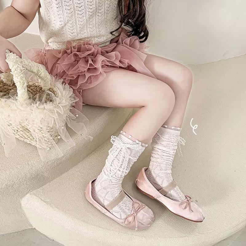 Children Spring Summer Mid-calf Socks Girls Lolita Thin Lace Calf Socks JK Pink Bowknot Sweet Loose Socks Stockings for 3-8Y