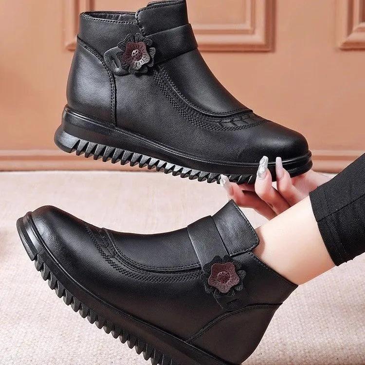 Winter Women Ankle Boots PU Leather Female Thick Plush Warm Snow Boots Mother Waterproof Non-slip Booties Luxury