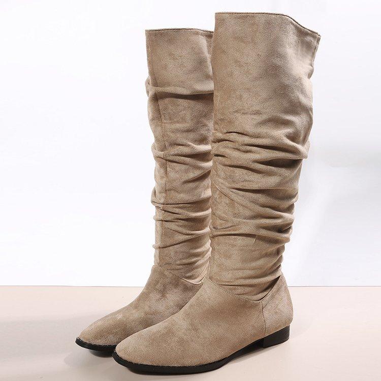 2025 Winter New Pleated Boots Women's Foreign Trade Large Size Tall Martin Boots European and American Suede Thick Heel Piled Riding Boots