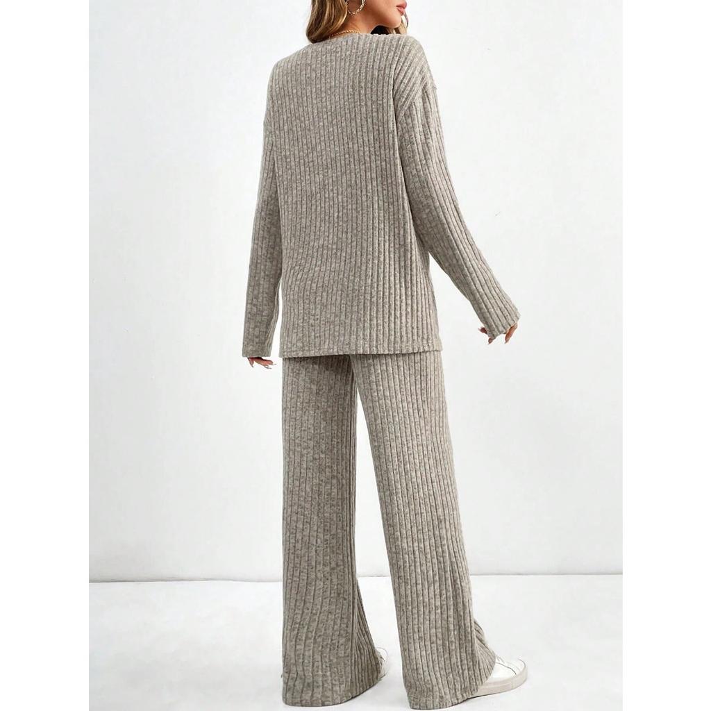 Conjunto de Ropa para el Hogar Casual de Moda para Mujer Otoño e Invierno con Rayas de Piqué y Arenado, Conjunto para Mujer Otoño e Invierno