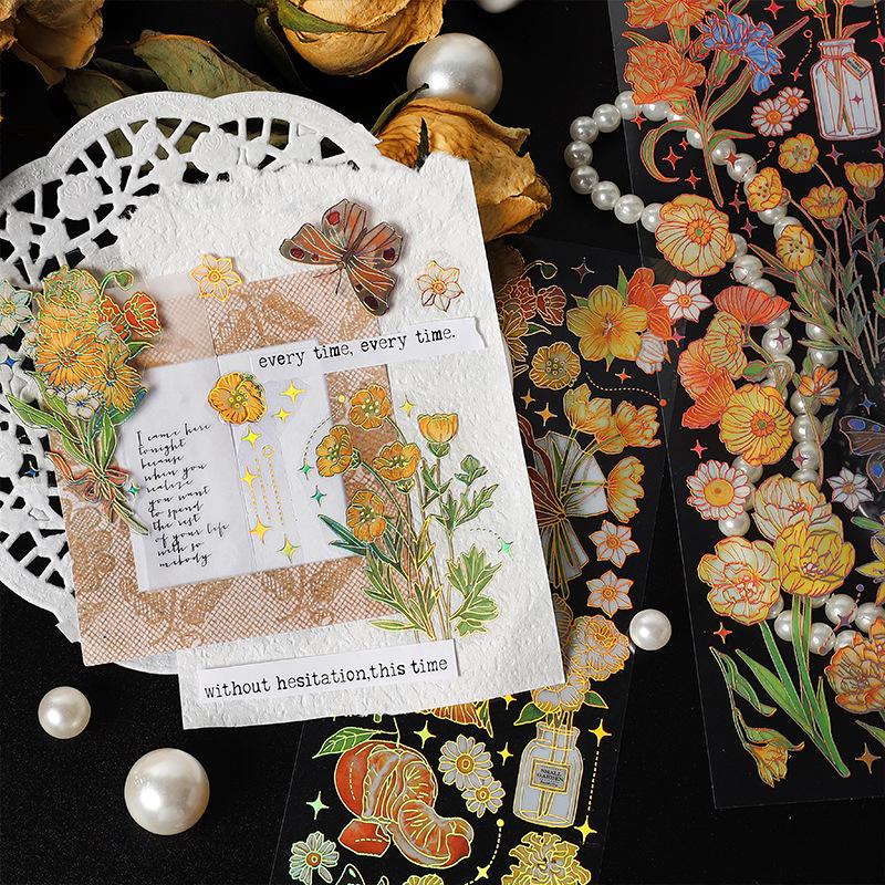 Infeel.Me 3D Hot Stamping PET Stickers: Mountain & Wild Roar Series - Retro Plant Journal Stickers (4 Styles)
