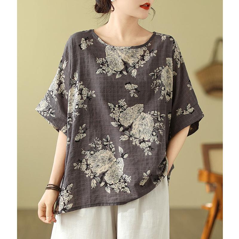 Lockeres Baumwoll-Leinen Übergröße Damen Bedrucktes T-Shirt Sommer Ethnischer Stil Fledermausärmel Schlankmachendes Mom Blumenmuster Oberteil
