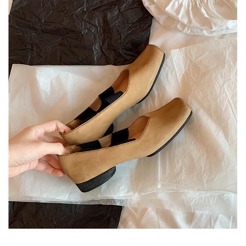 Sheepskin~ Square head pig nose leather shoes elastic band ballet Mary Jane shoes women's thick heel light mouth versatile single shoes