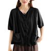 Cardigan Vintage Surdimensionné Littéraire pour Femme Mélange Coton-Lin Avec Poches Fermeture Boutonnée Simple Manches Courtes Avec un Appel Élégant