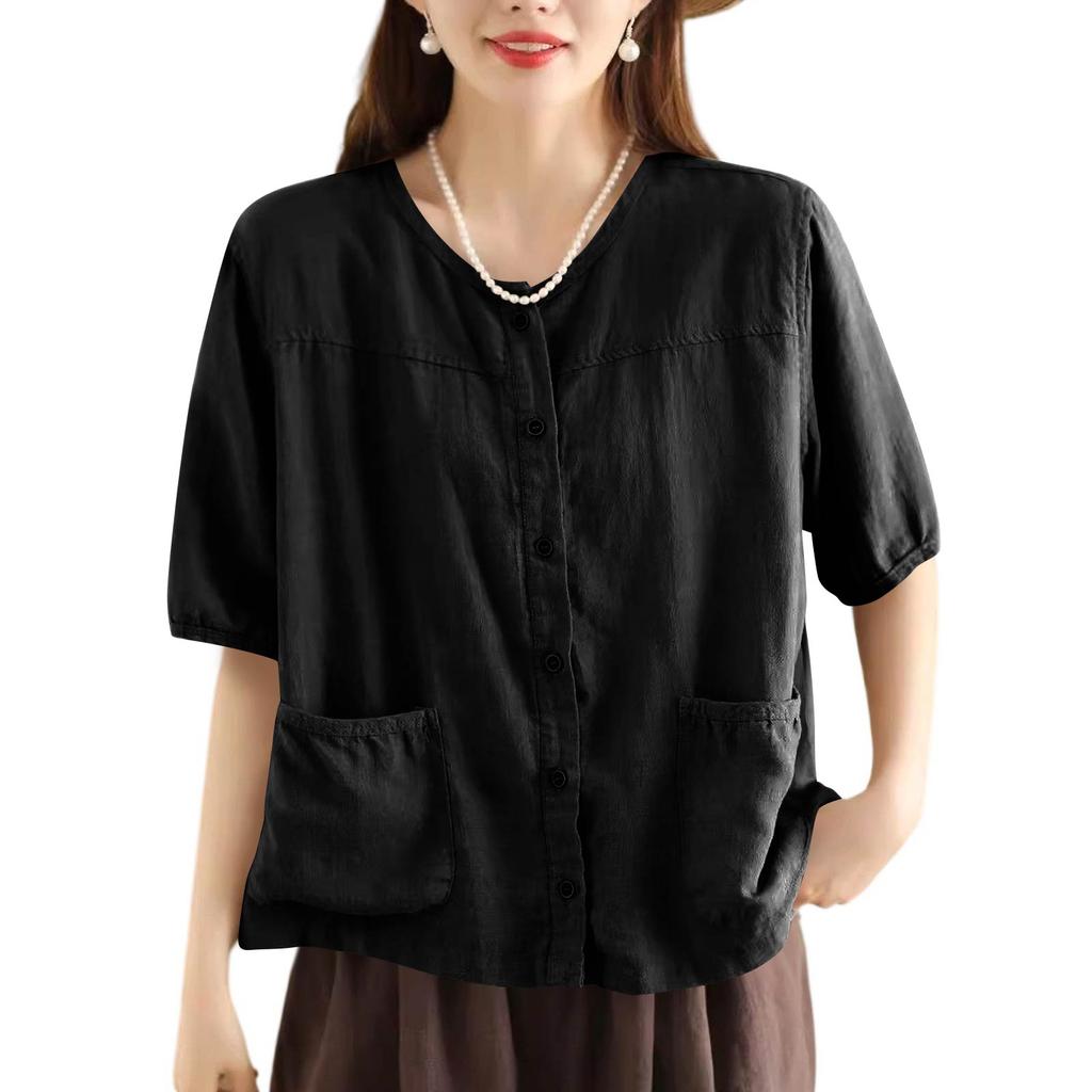 Cardigan Vintage Surdimensionné Littéraire pour Femme Mélange Coton-Lin Avec Poches Fermeture Boutonnée Simple Manches Courtes Avec un Appel Élégant