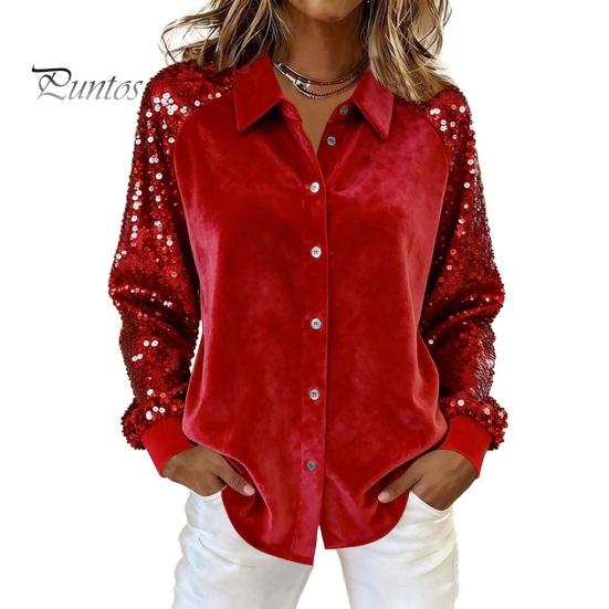 Soft Breathable Shirt Women Button-Down Lapel Long Sleeve Tops Solid Color Glitter Loose Fit Shiny Sequins Velvet Cocktail Party Wear Sweat-absorbent