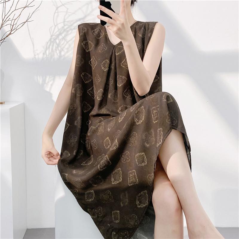 Cotton and silk sleeveless nightdress women's summer thin floral new super good-looking dress medium and long small fresh loungewear