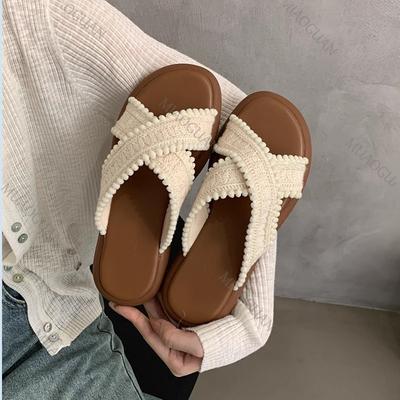 Sommer Damen Flache Hausschuhe Zehenfrei Sommer Retro Gewebt Überkreuzt Böhmischer Stil Pantoletten Sandalen Lässig Draußen Strand Hausschuhe