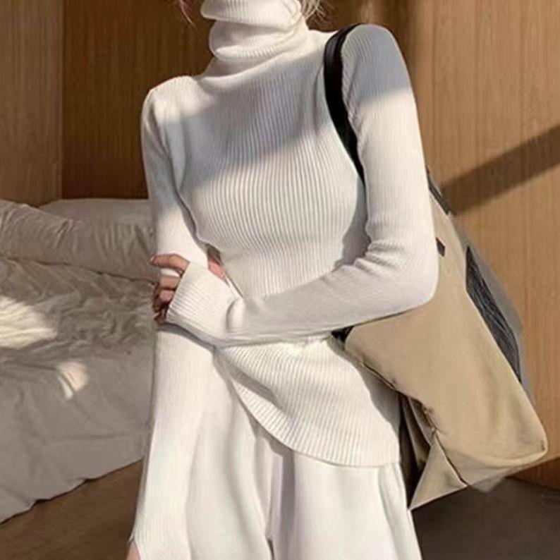 Maglione a collo alto a costine con maniche a dita Primavera Autunno Base Lavorata a Maglia Tutto-Abbinabile Top da Donna