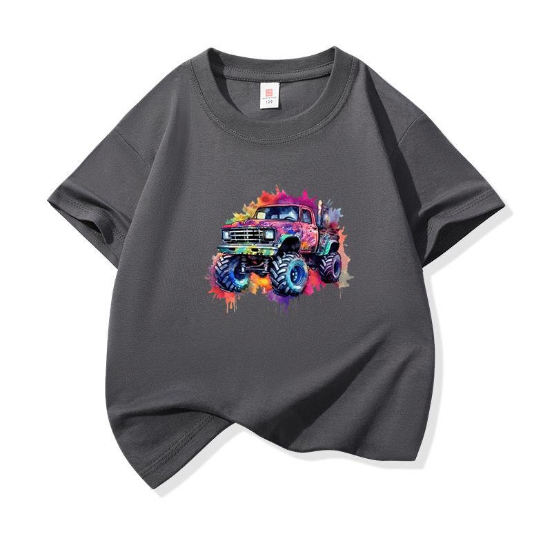 Kids Cotton T Shirt Cute Doodle Offroad Vehicle Print Crew Neck Short Sleeve Tee Casual Boys Girls Summer Tops