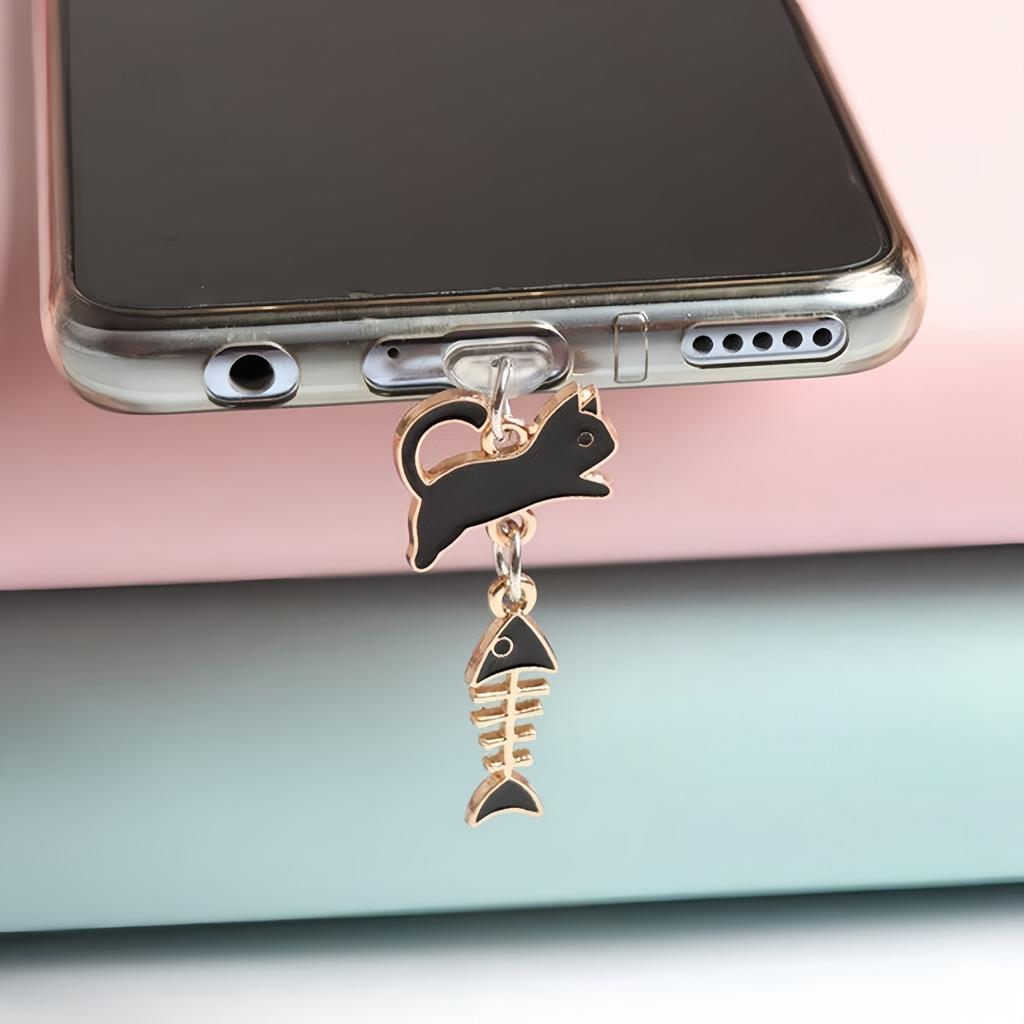 Tappo antipolvere decorativo per telefono con gatto cartone animato che mangia pesce, Ciondolo per telefono a forma di lisca di pesce per ragazzi, ragazze e coppie