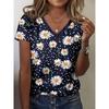 Fashion Women's V-Neck Short Sleeve 3D Flower Color Printing Flower Short Sleeve V-Neck T-Shirt