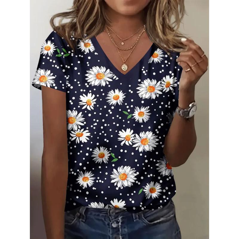 Fashion Women's V-Neck Short Sleeve 3D Flower Color Printing Flower Short Sleeve V-Neck T-Shirt