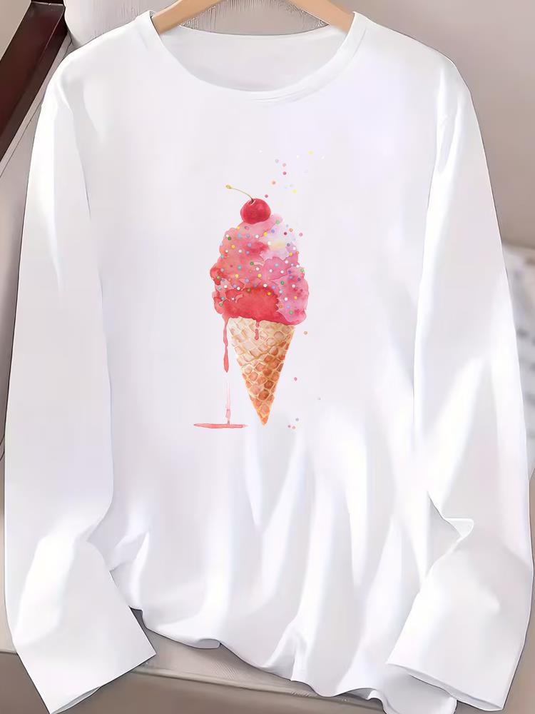 (Asian Size) Women Female Clothing Letter Cute 90s Casual Tee Lady Printed O-neck Long Sleeve T Shirt  Fashion Top Graphic T-shirts