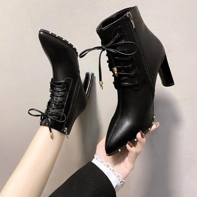 Lace-up Women Ankle Boots Middle Heels Fashion Lace Pointed Toe  New Autumn Winter Women Shoes Black White Short Booties