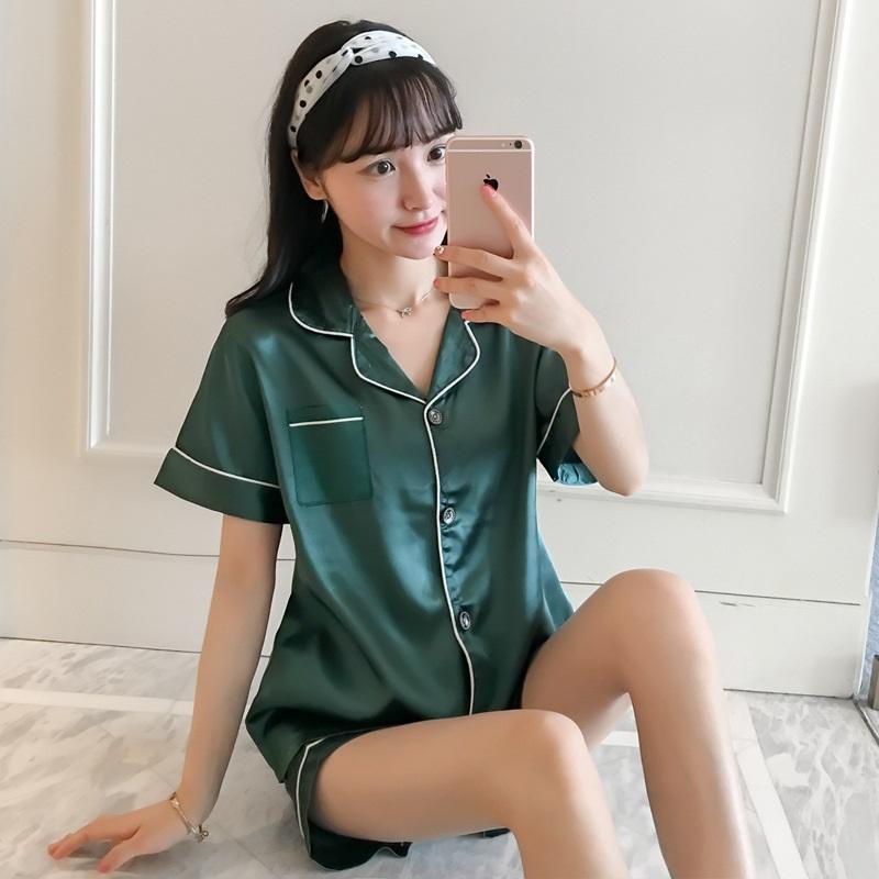Women's Ice Silk Short Sleeved Shorts Pajama Set Imitation Silk Lapel Cardigan Home Clothes Lightweight And Breathable Two-piece Set