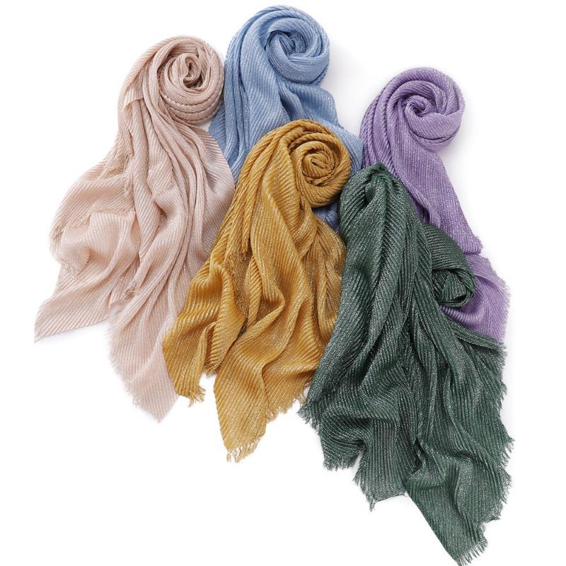Spring New Solid Color Silver Silk Wrinkled Polyester Scarf Women's, Monochrome Two-ended Short Beard Headscarf Shawl
