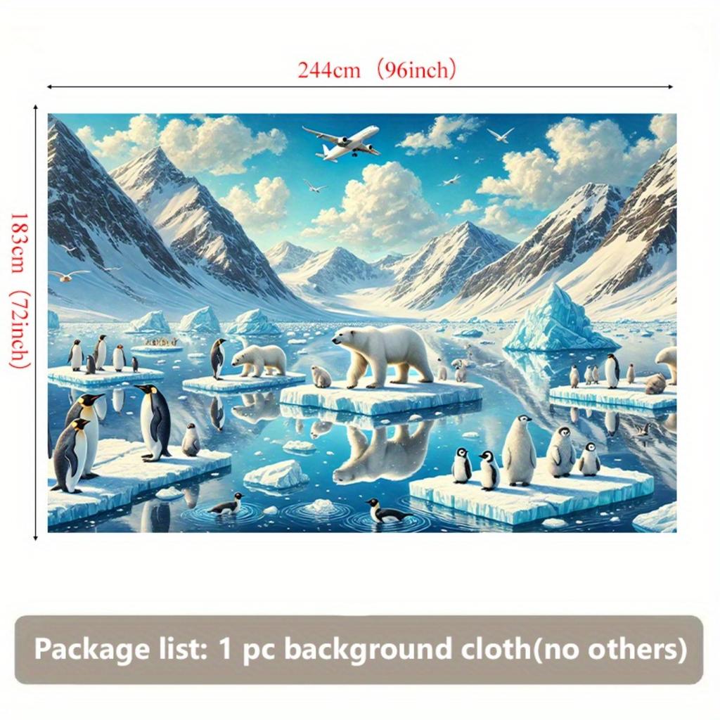 2D Plane, Polar Bears and Penguins In the Snowy and Icy Landscape, Snow Mountains and Icebergs, Polyester Fibers